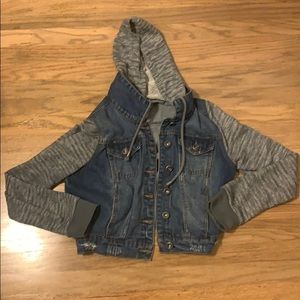 Distressed cropped sweatshirt/jean jacket. Medium